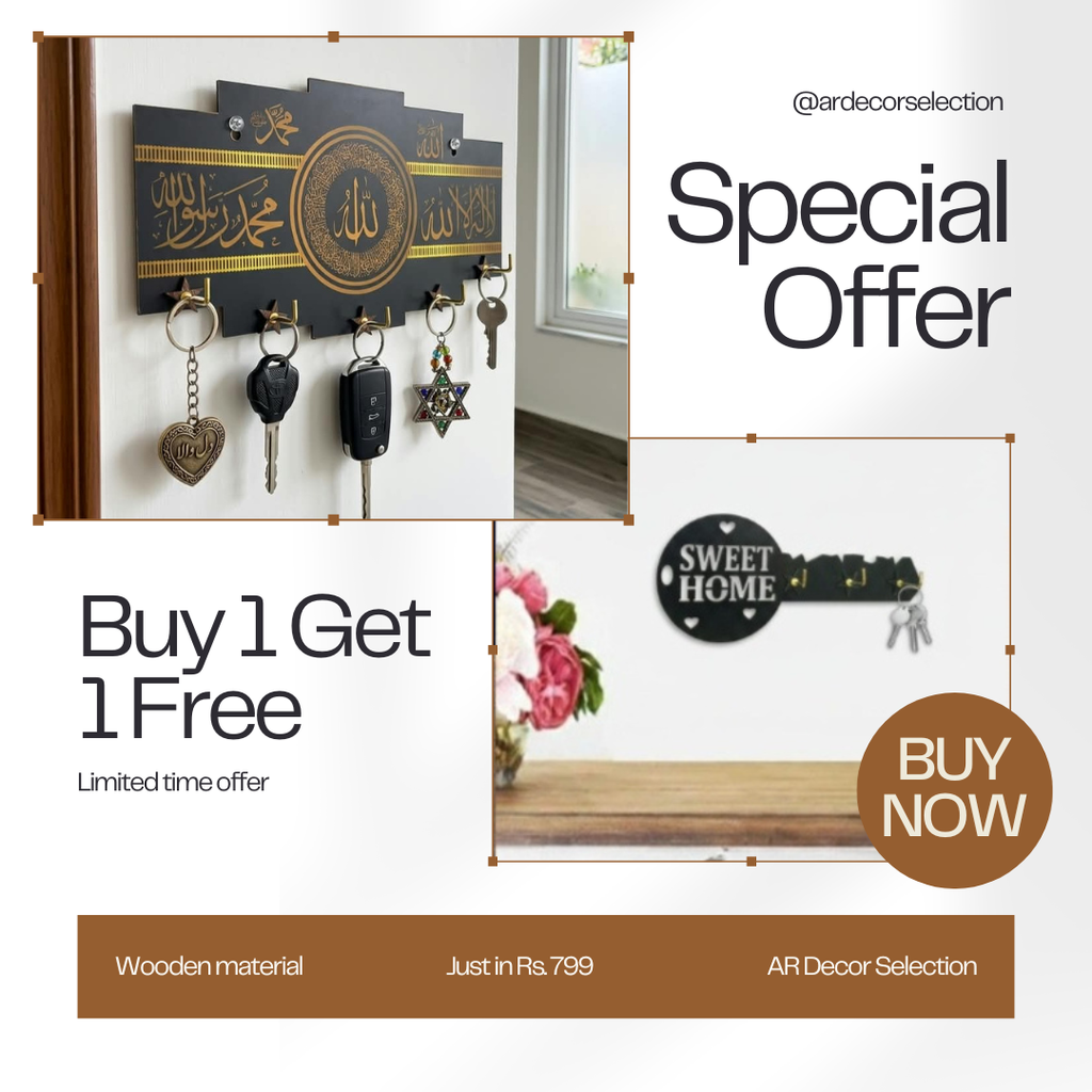 Buy 1 Get 1 FREE | Islamic + Sweet Home Wooden Key Holder | 2 Pcs Combo