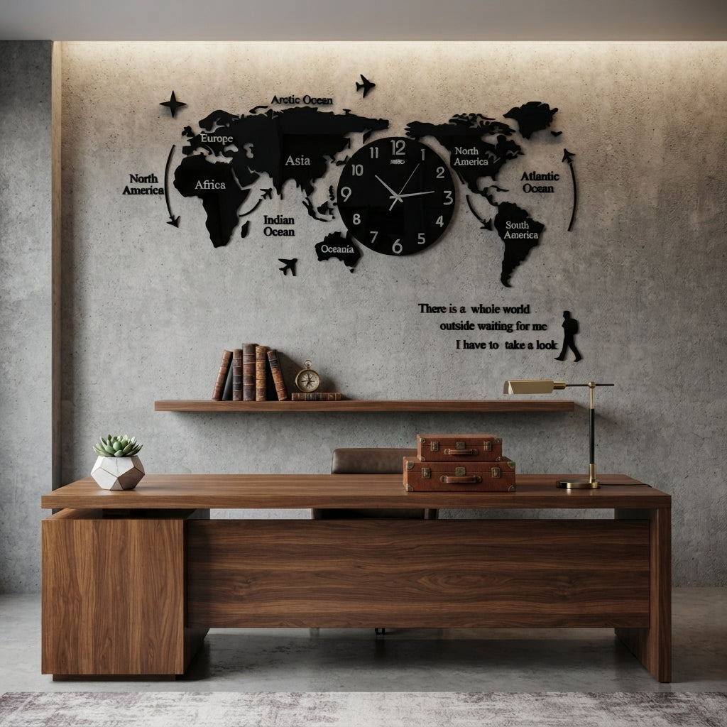 World Map Wall Clock | Modern Wooden World Map 3D Wall Art