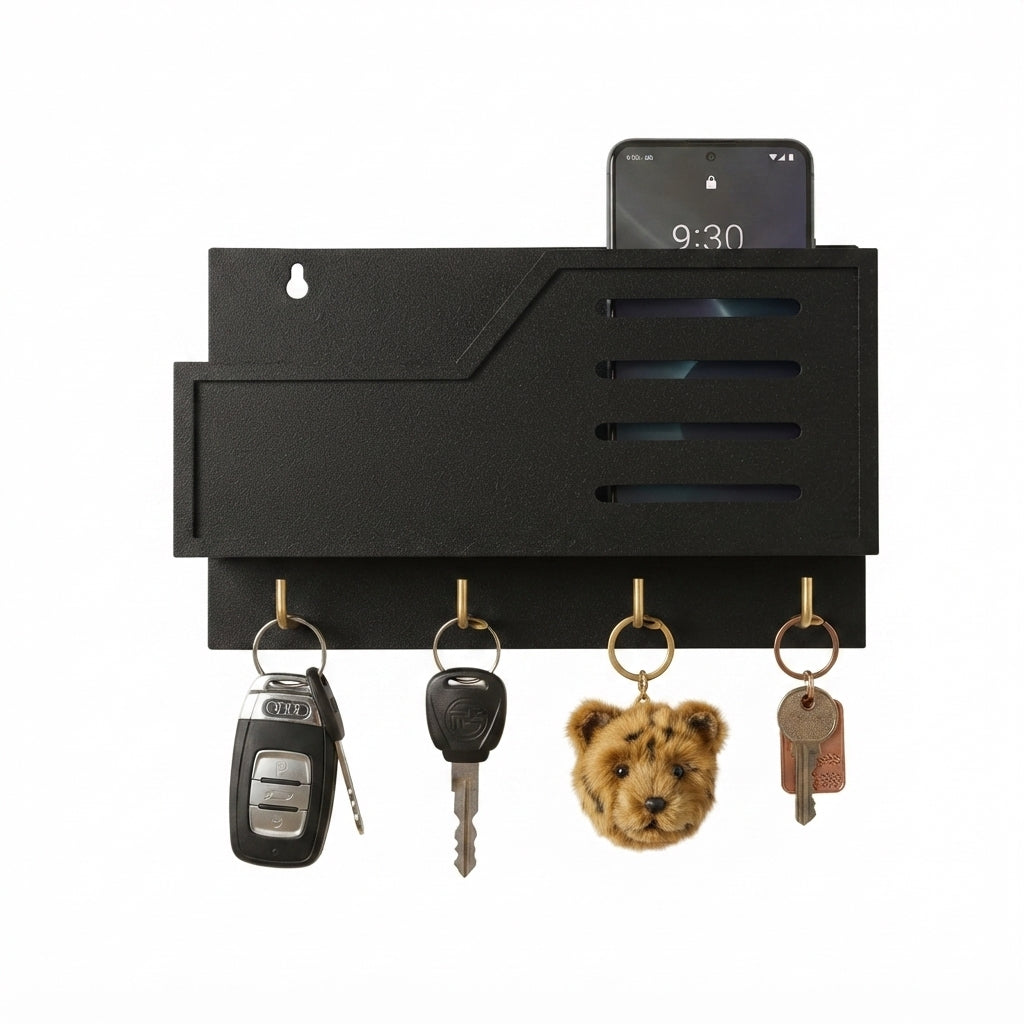 Premium Wooden Wall Mobile Stand | Key Holder with 4 Golden Hooks
