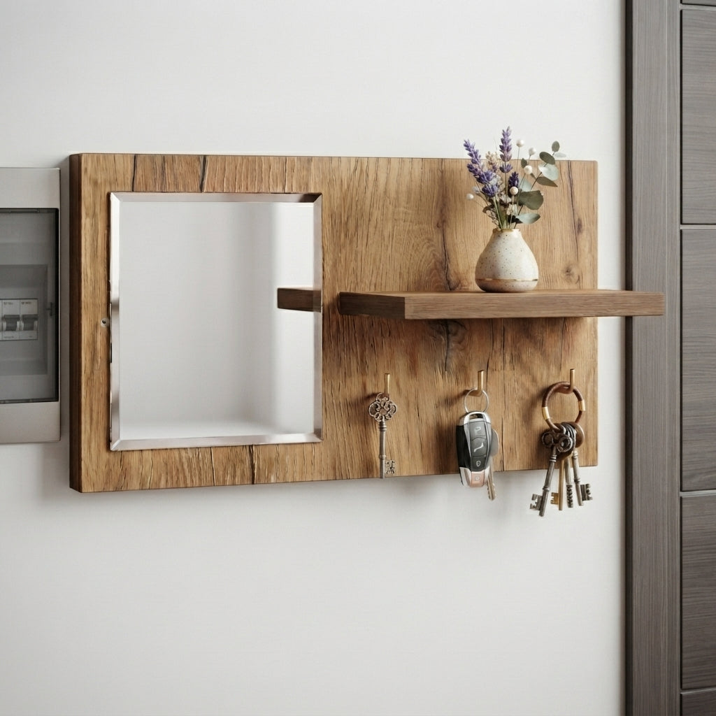 Premium Wooden Wall Key Holder with Mirror & Mobile Shelf