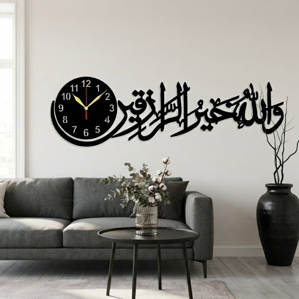 Wallahu Khairur Raziqeen Islamic Wall Clock | Arabic Calligraphy Clock