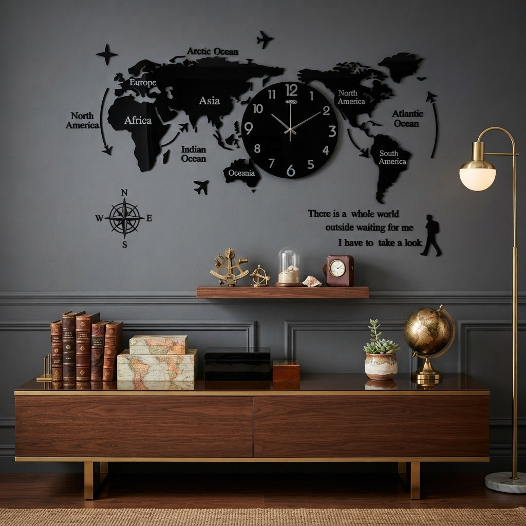 World Map Wall Clock | Modern Wooden World Map 3D Wall Art