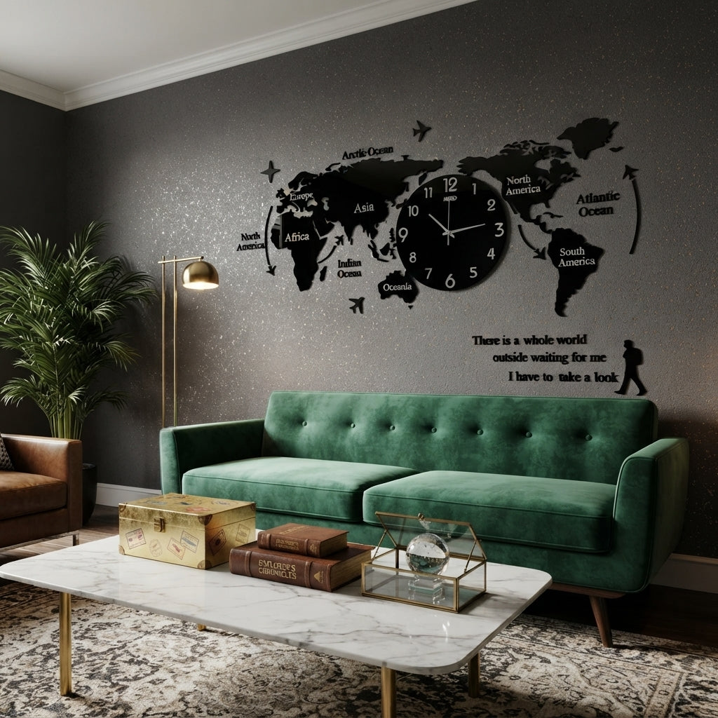 World Map Wall Clock | Modern Wooden World Map 3D Wall Art