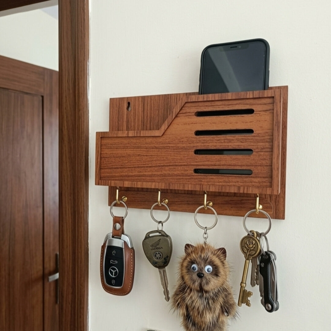 Premium Wooden Wall Mobile Stand | Key Holder with 4 Golden Hooks