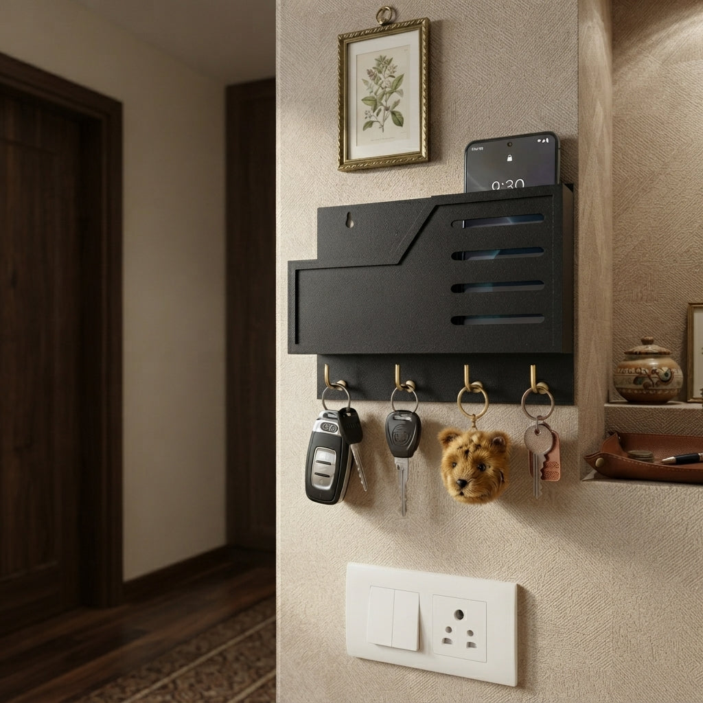 Premium Wooden Wall Mobile Stand | Key Holder with 4 Golden Hooks