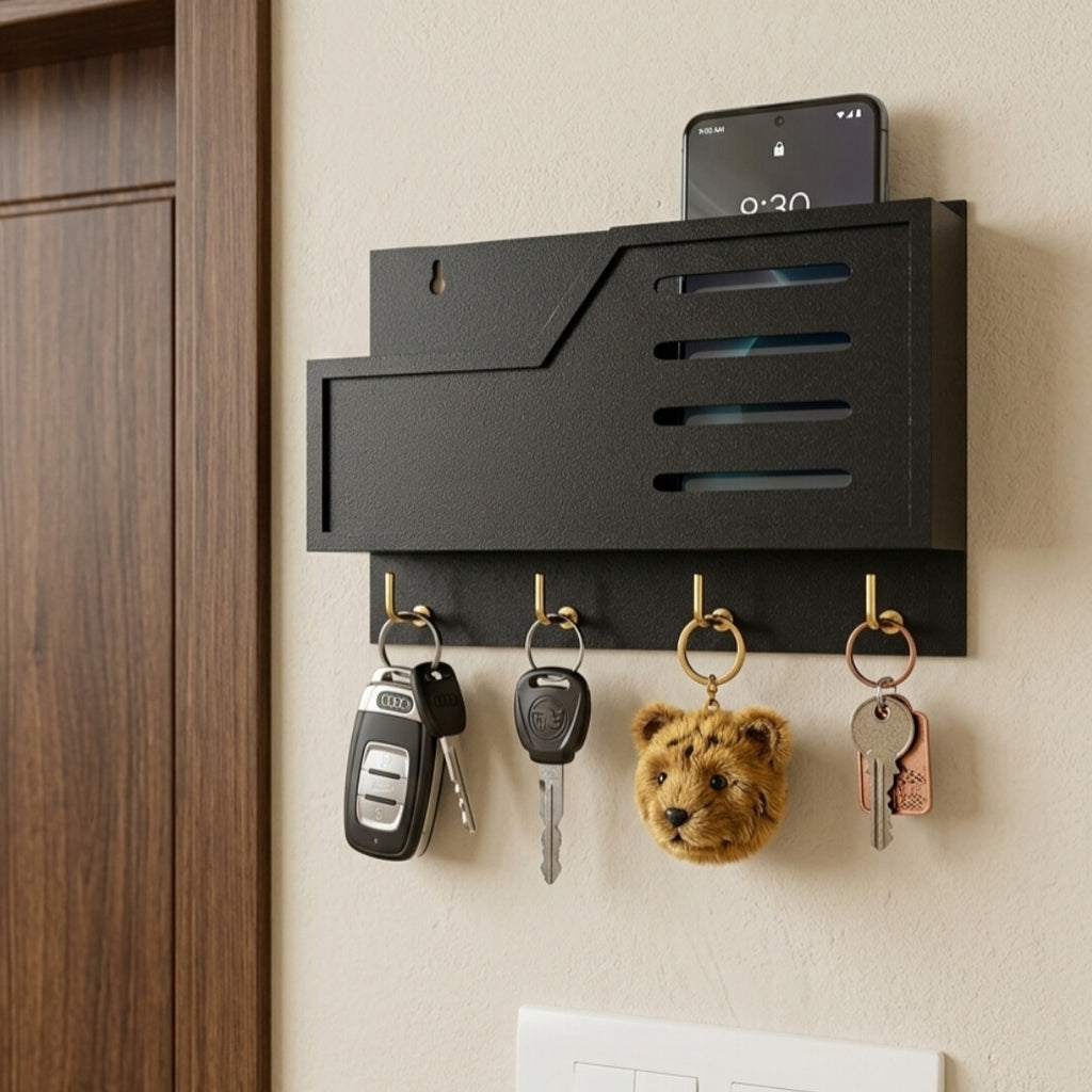 Premium Wooden Wall Mobile Stand | Key Holder with 4 Golden Hooks