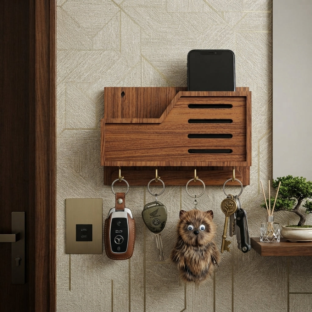 Premium Wooden Wall Mobile Stand | Key Holder with 4 Golden Hooks