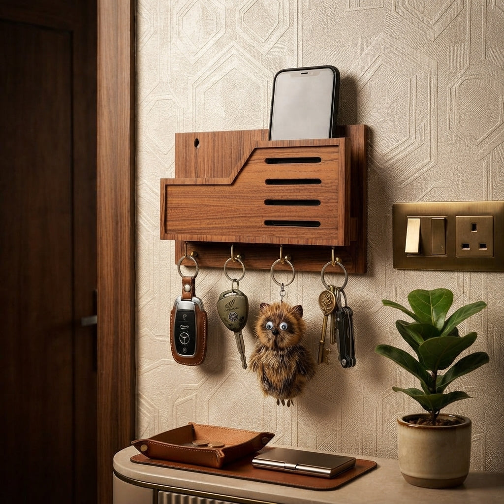 Premium Wooden Wall Mobile Stand | Key Holder with 4 Golden Hooks