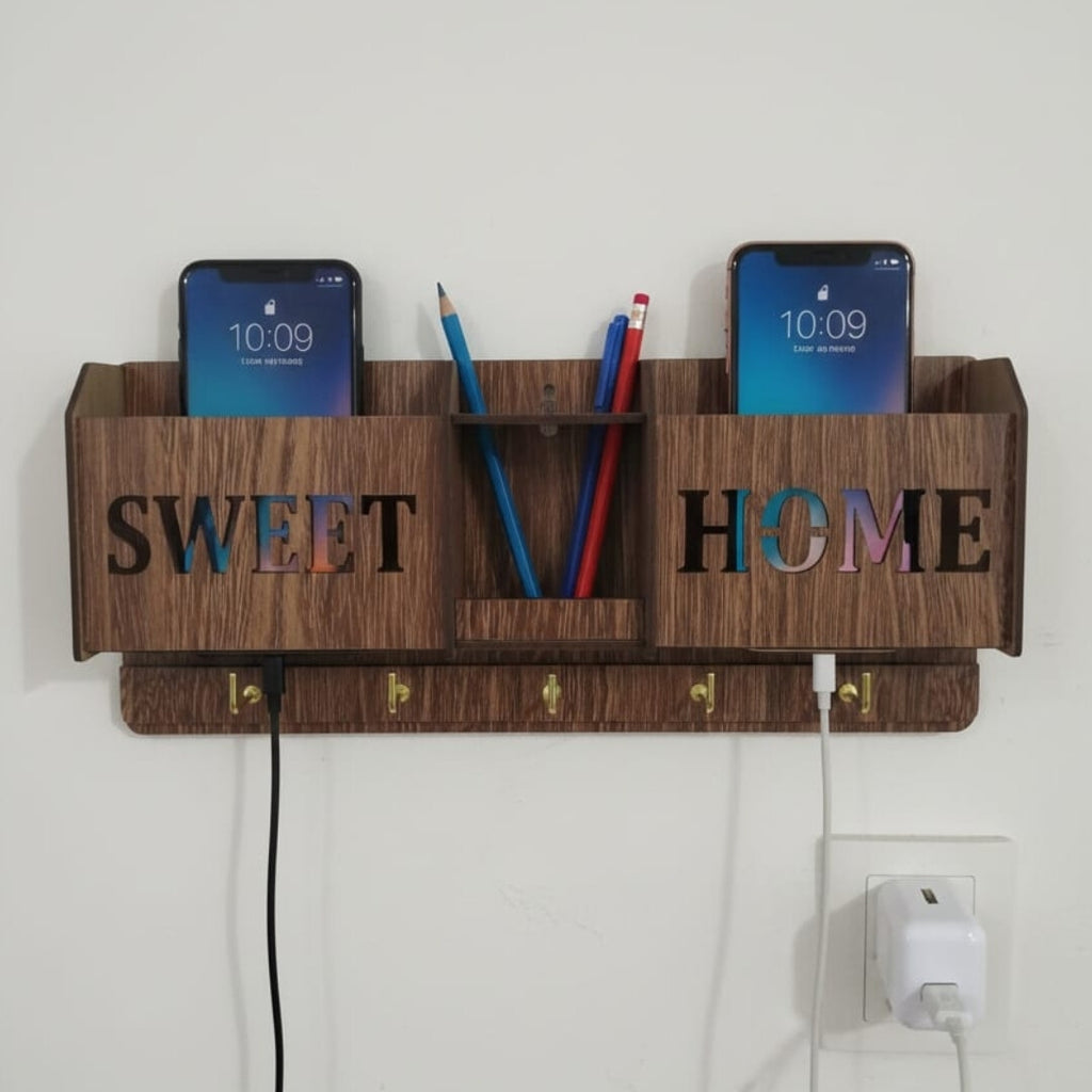 Wall Mounted Mobile Charging Stand | Key Holder & Pen Organizer