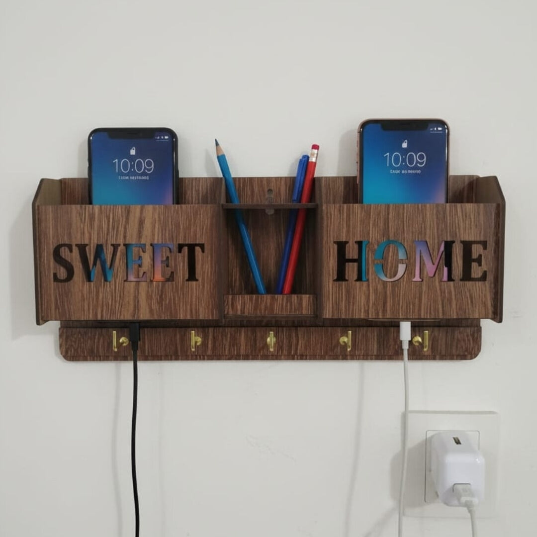 Wall Mounted Mobile Charging Stand | Key Holder & Pen Organizer