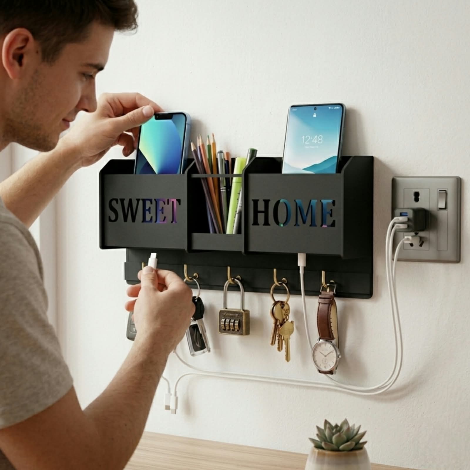 Wall Mounted Mobile Charging Stand | Key Holder & Pen Organizer
