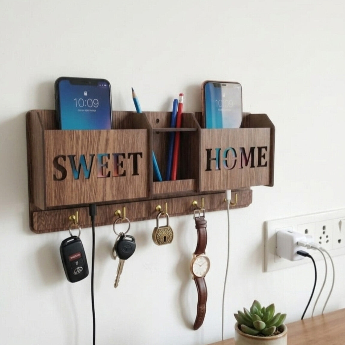 Wall Mounted Mobile Charging Stand | Key Holder & Pen Organizer