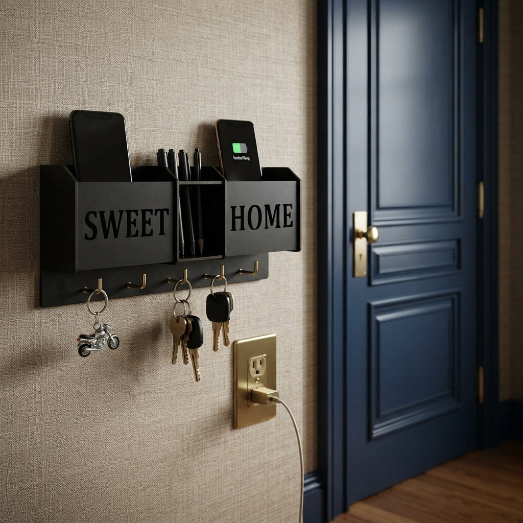 Wall Mounted Mobile Charging Stand | Key Holder & Pen Organizer