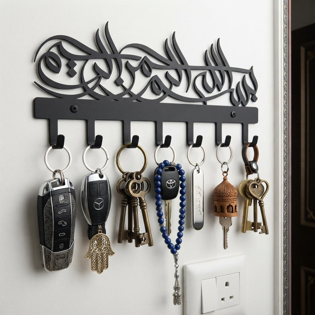 Bismillah Metal Wall Key Holder | Islamic Key Organizer with 7 Hooks