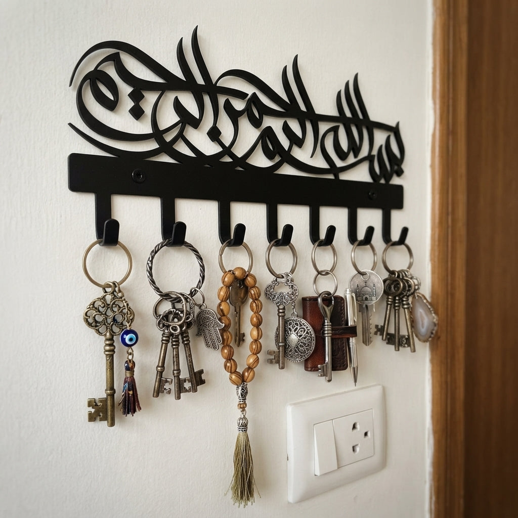 Bismillah Metal Wall Key Holder | Islamic Key Organizer with 7 Hooks