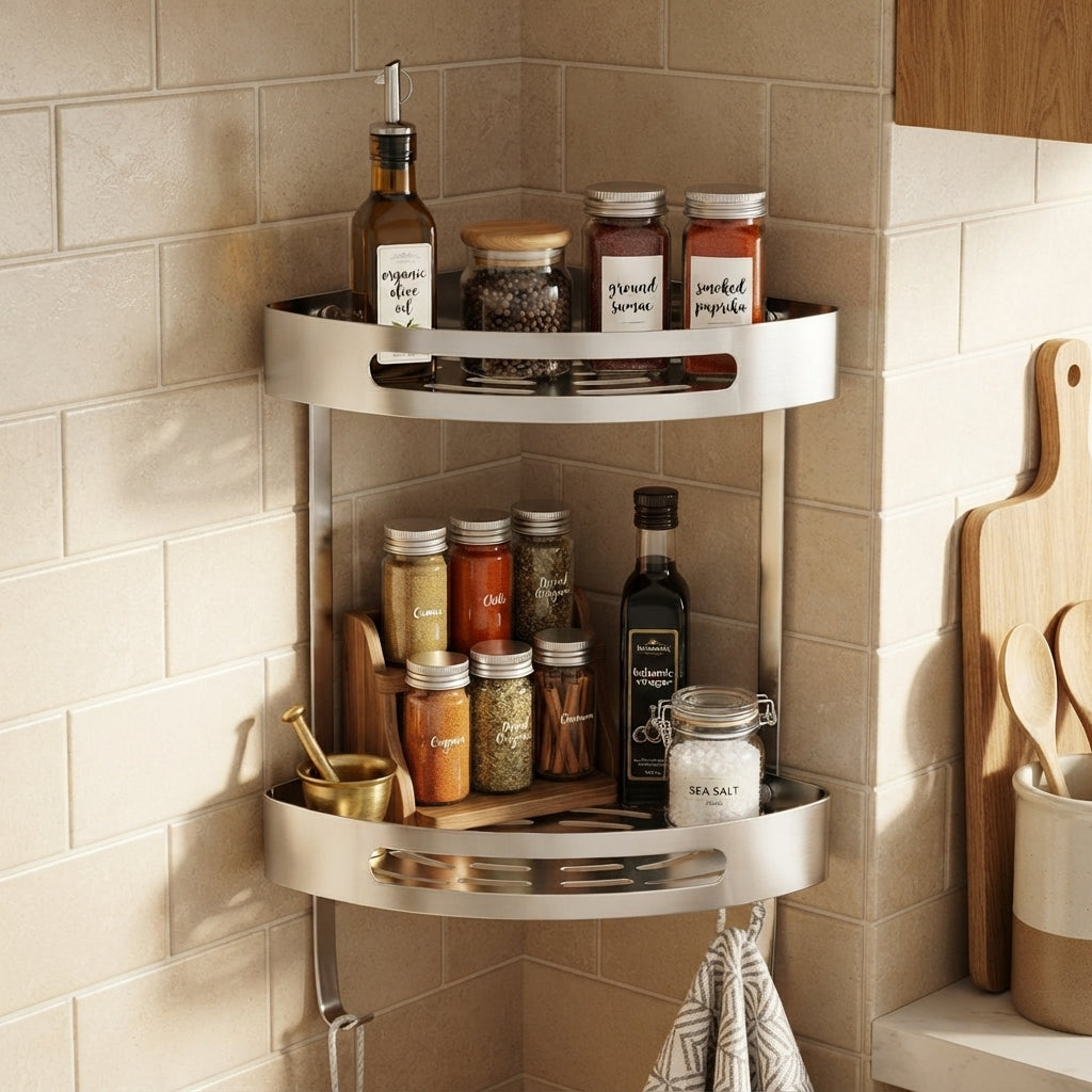Stainless Steel 2-Tier Corner Shelf | Bathroom Kitchen Organizer Rack