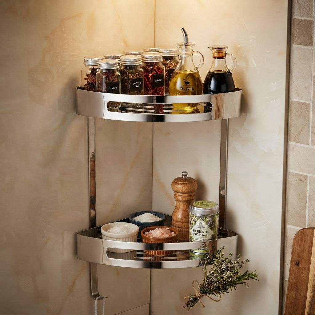 Stainless Steel 2-Tier Corner Shelf | Bathroom Kitchen Organizer Rack
