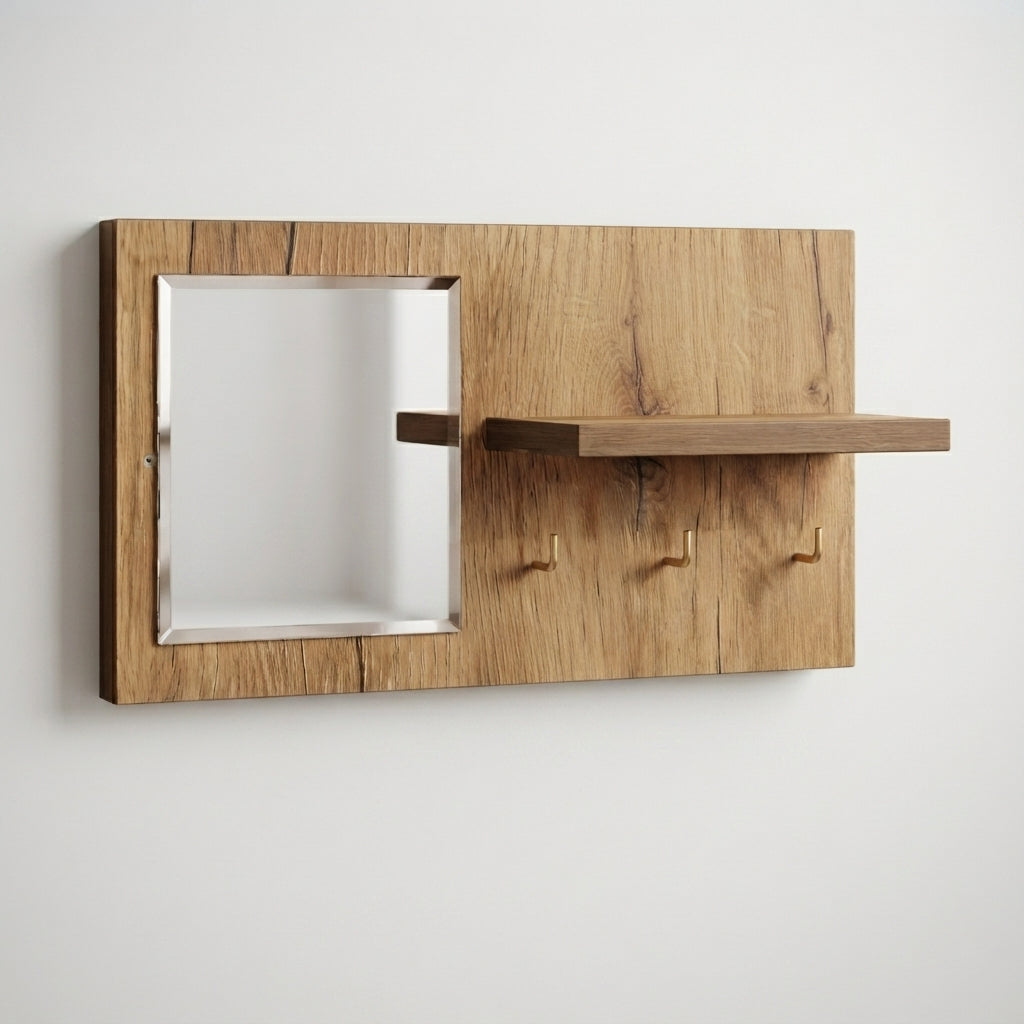 Premium Wooden Wall Key Holder with Mirror & Mobile Shelf