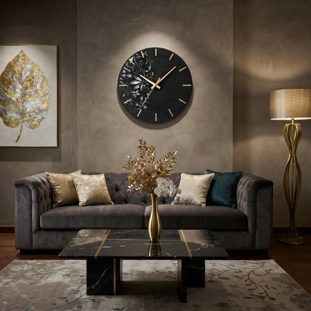 Luxury Wooden Wall Clock | Elegant Floral Design with Golden Hands