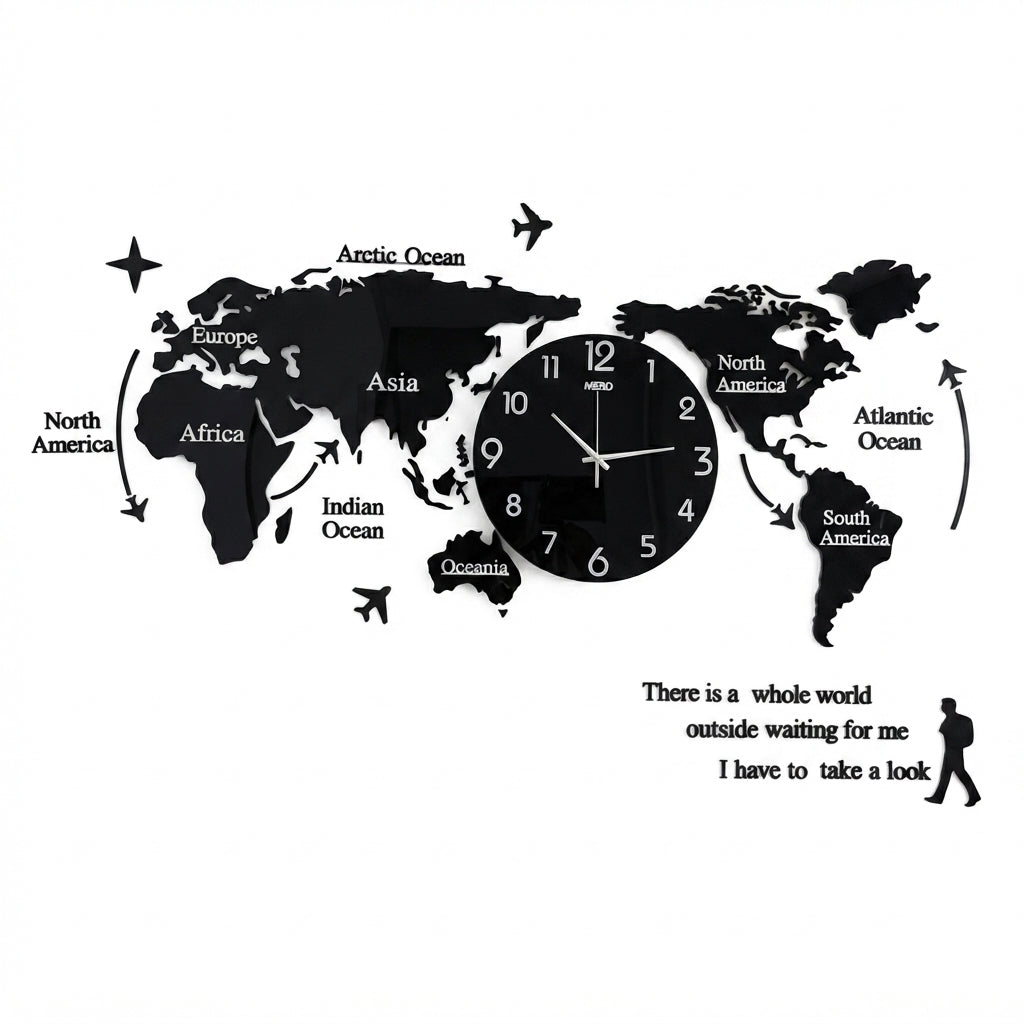 World Map Wall Clock | Modern Wooden World Map 3D Wall Art