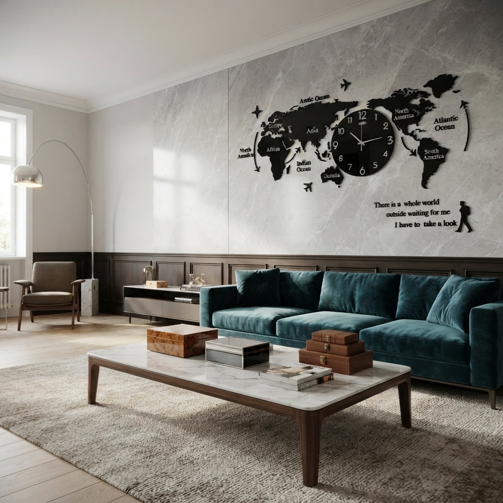 World Map Wall Clock | Modern Wooden World Map 3D Wall Art