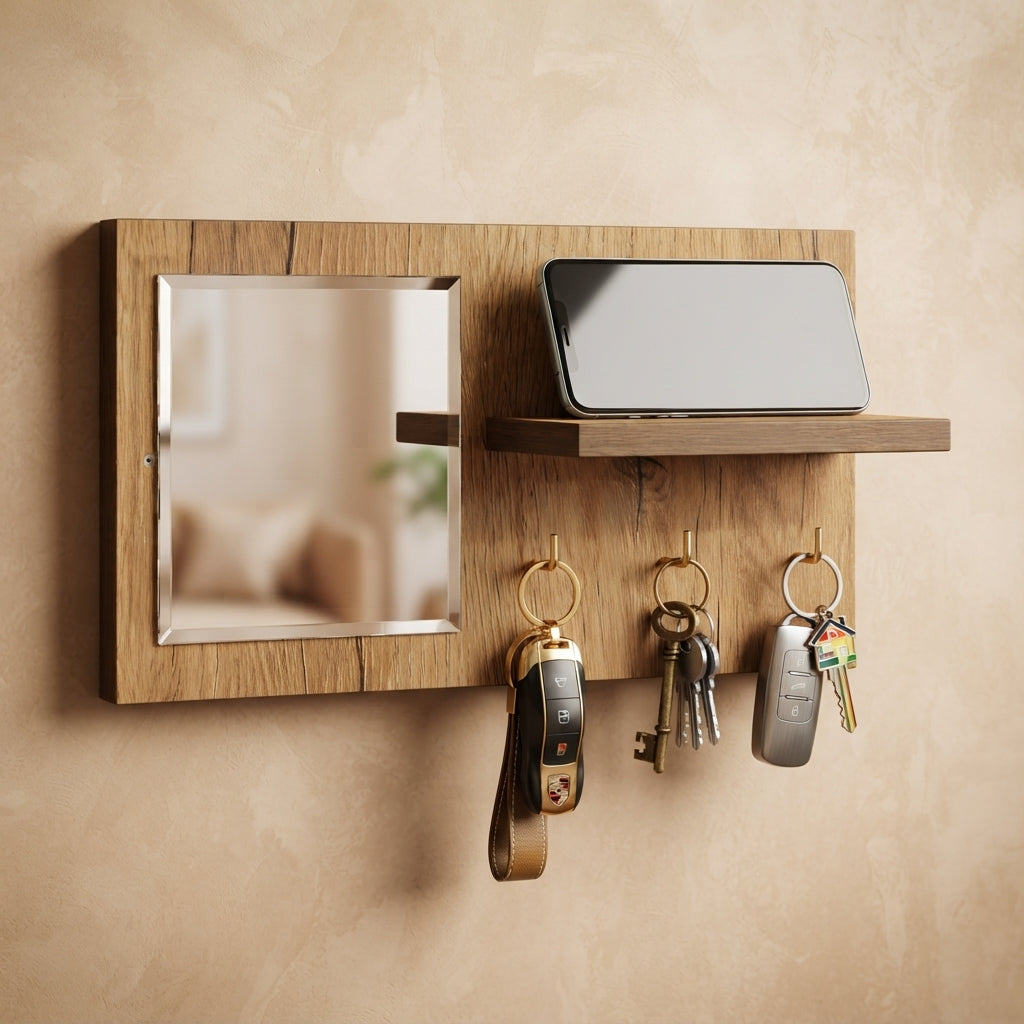 Premium Wooden Wall Key Holder with Mirror & Mobile Shelf