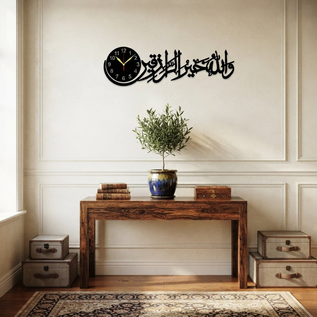 Wallahu Khairur Raziqeen Islamic Wall Clock | Arabic Calligraphy Clock