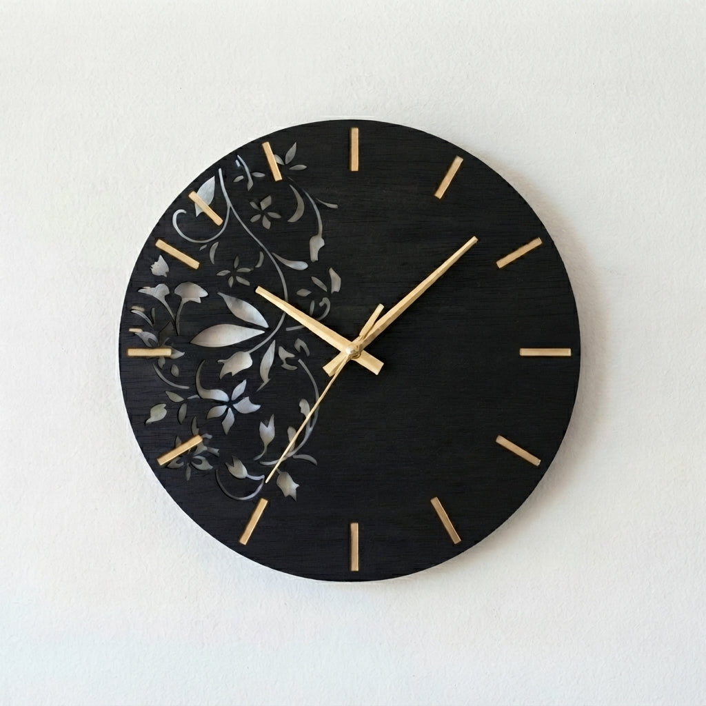 Luxury Wooden Wall Clock | Elegant Floral Design with Golden Hands